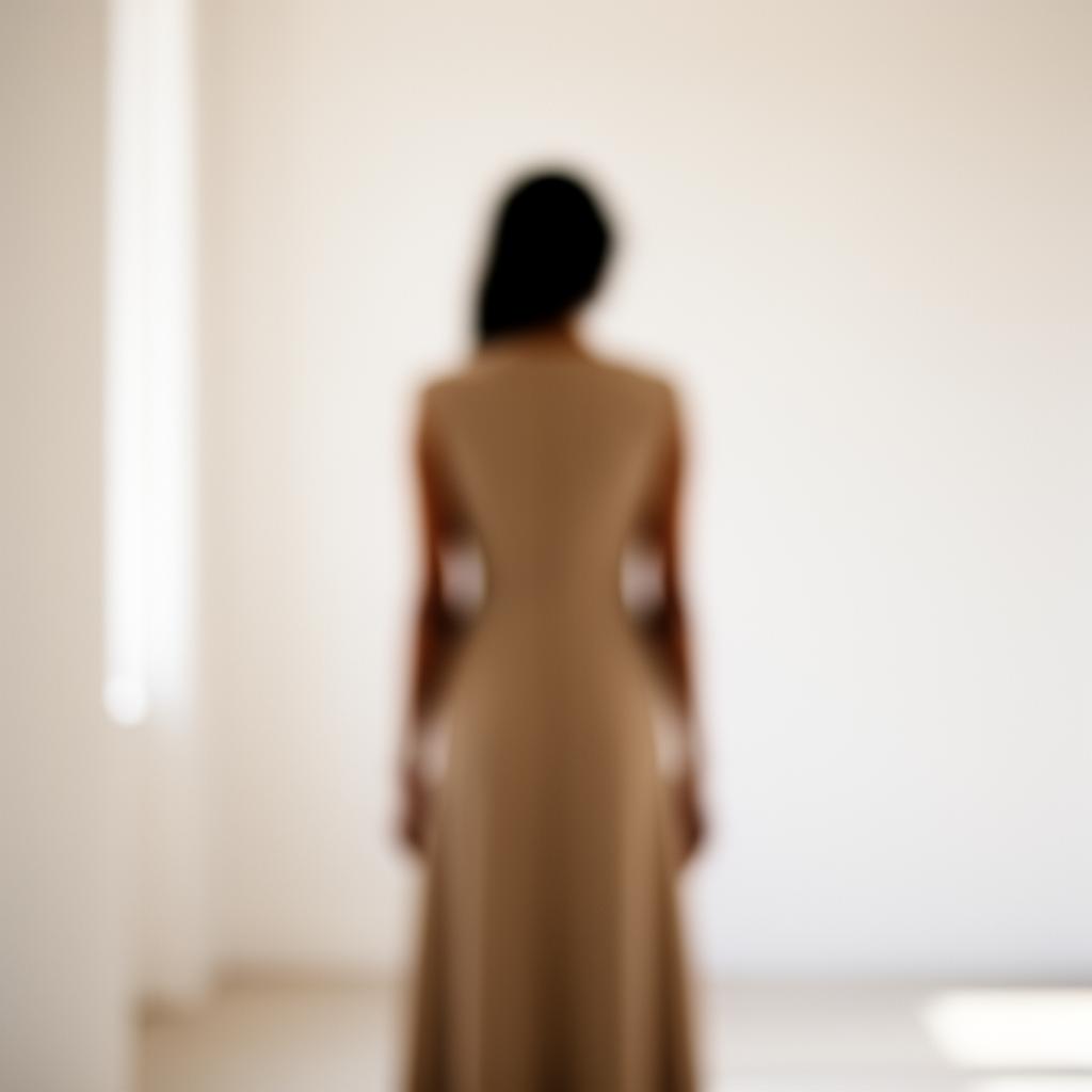 Silhouette féminine de dos en robe longue beige, photographie floue dans une pièce lumineuse - Vestia