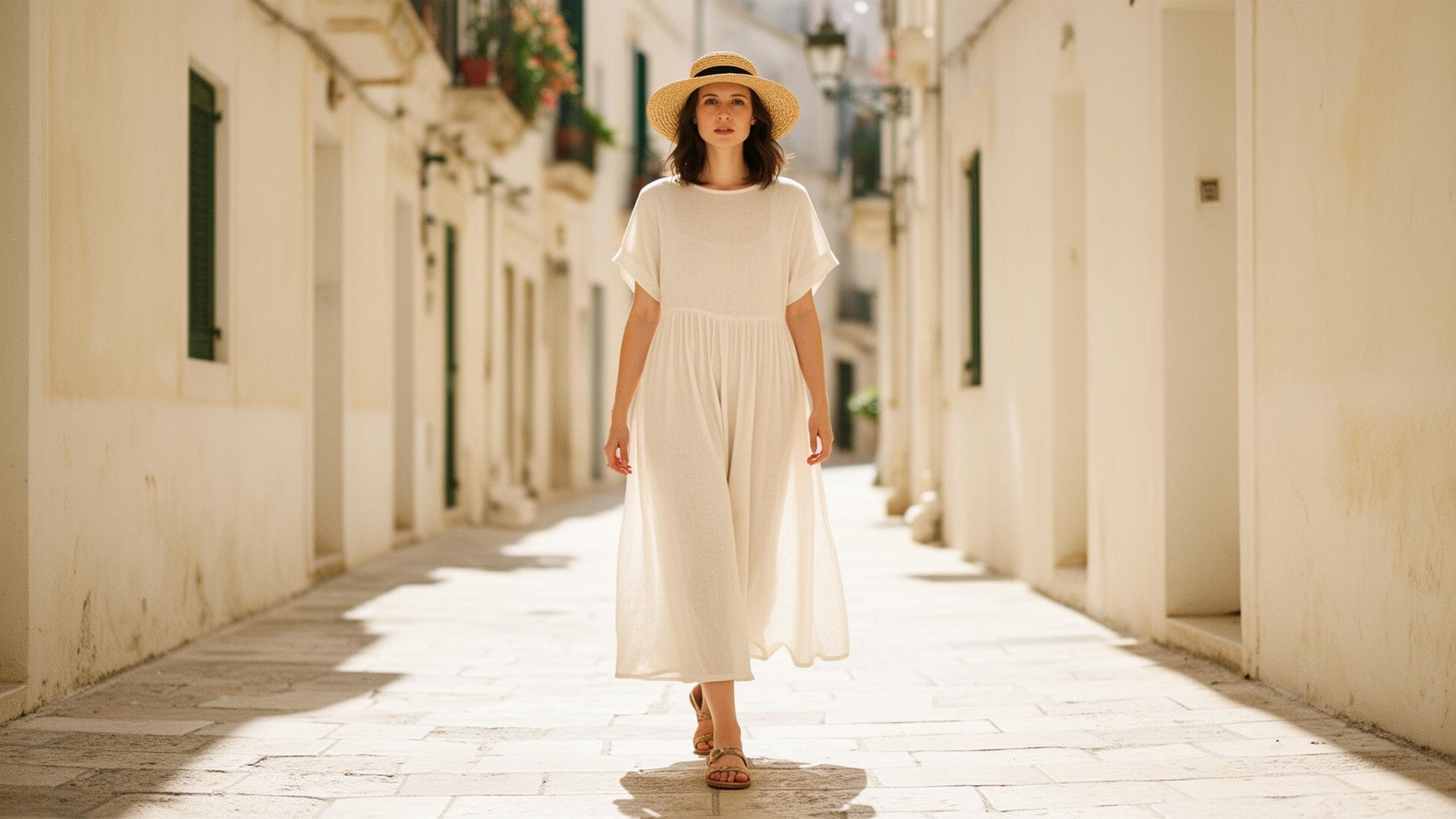 Robe d'été en lin crème, allure méditerranéenne - Vestia
