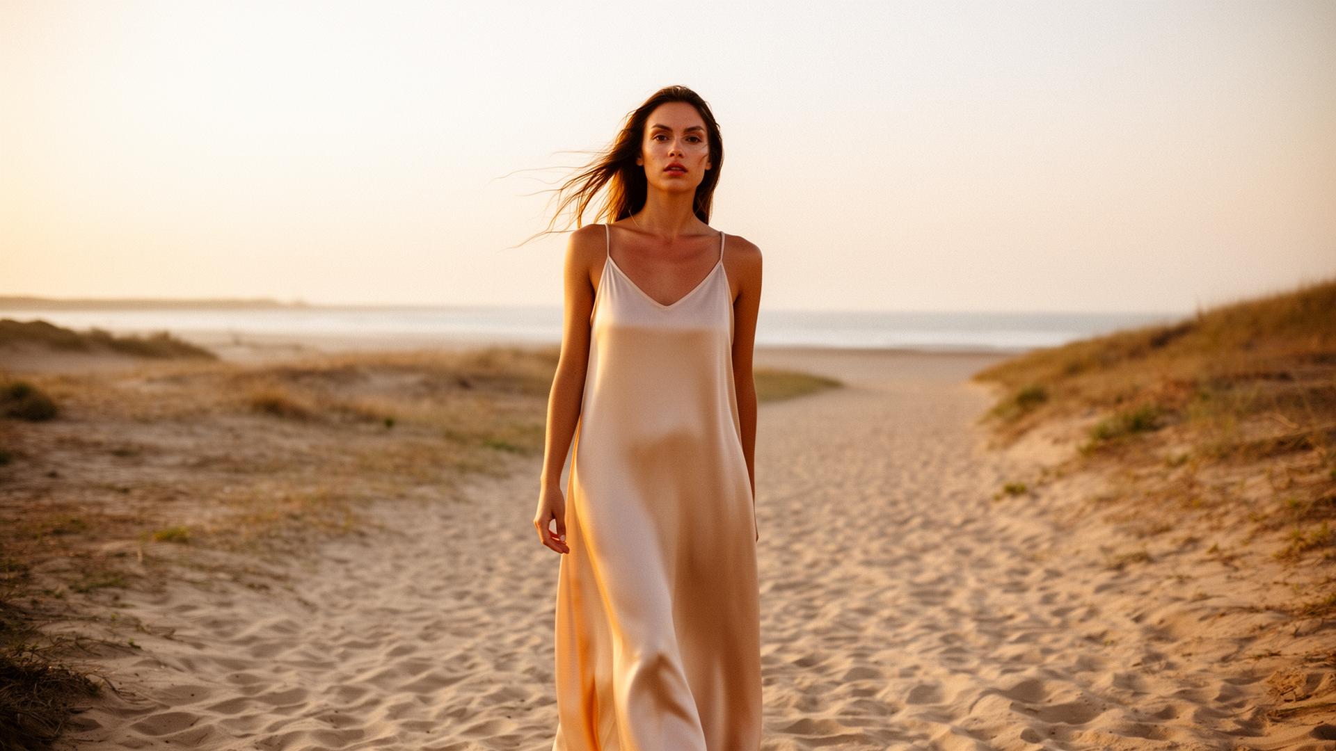 Robe nuisette en soie beige, lumière dorée - Vestia